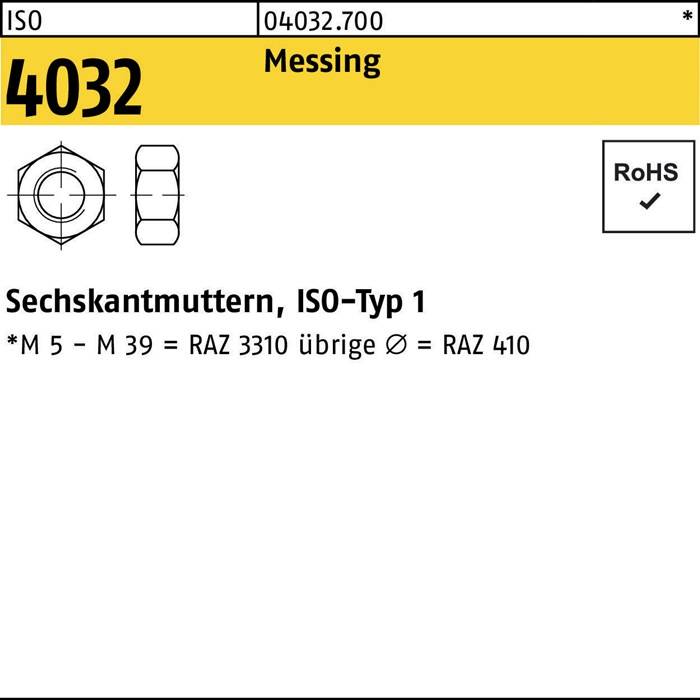 Sechskantmutter ISO 4032 M2,6 Messing 100 Stück