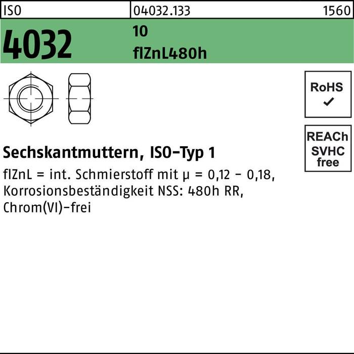 Sechskantmutter ISO 4032 M18 13 zinklamellenb. 100 Stück
