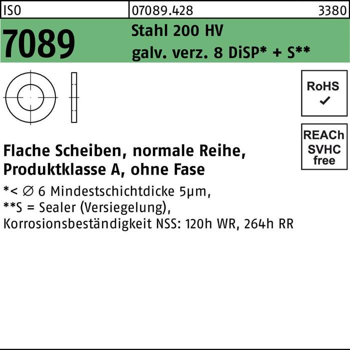 Unterlegscheibe ISO 7089 o.Fase 10 Stahl 200 HV galv.verz. 8 DiSP+S 500 Stück