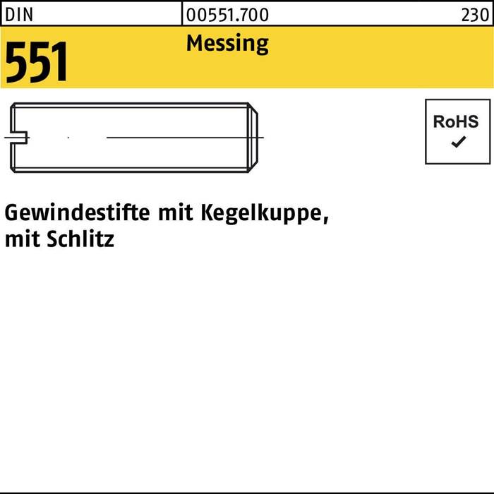 Gewindestift DIN 551 Kegelkuppe/Schlitz M10x16 Messing 100 Stück