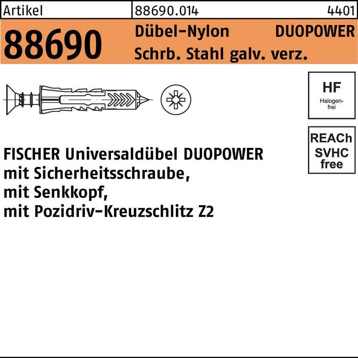 Dübel R 88690 SEKO-Schr. DUOPOWER 5x25 S Schr.verz./Dübel-Nylon 50 Stück FISCHER