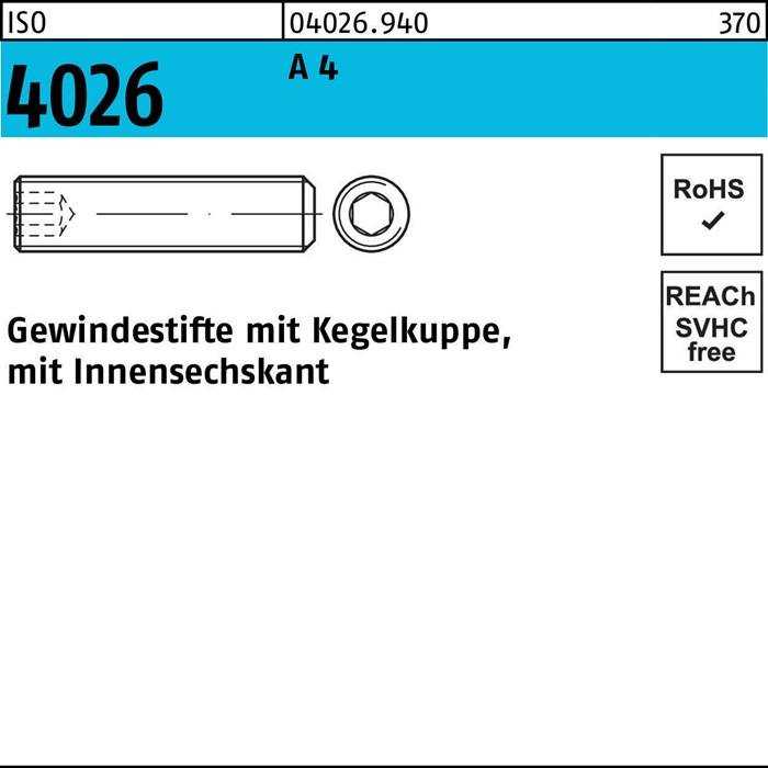 Gewindestift ISO 4026 Kegelkuppe/Innen-6kt M4x20 A 4 500 Stück