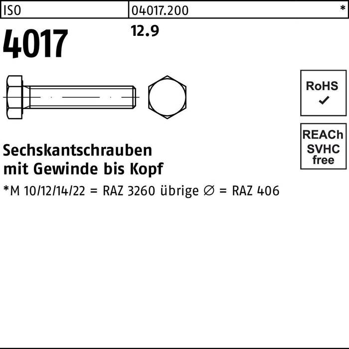 Sechskantschraube ISO 4017 VG M10x 20 12.9 200 Stück