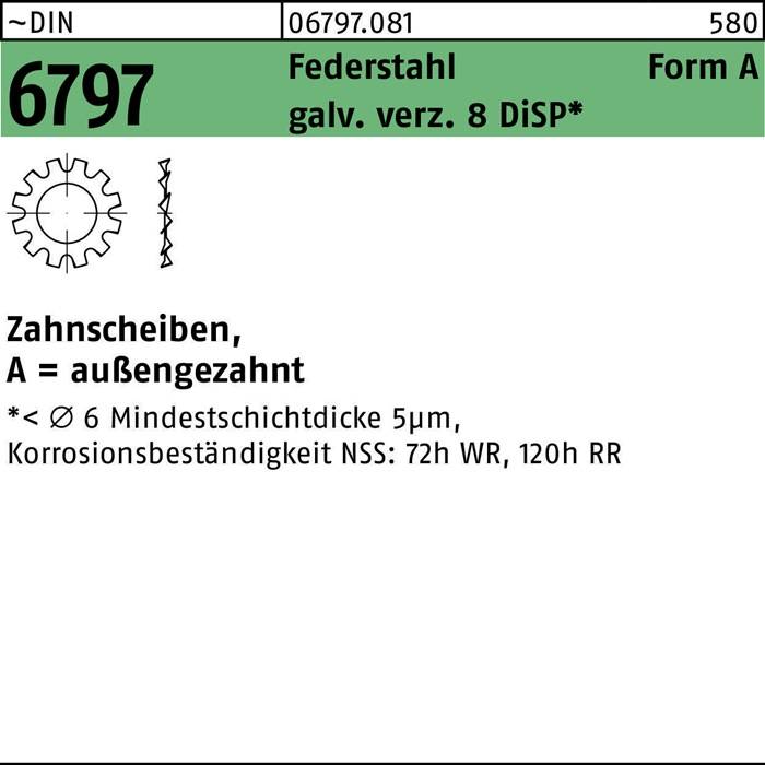 Zahnscheibe DIN 6797 FormA außengezahnt A 5,3 Federstahl gal Zn DiSP 500 Stück