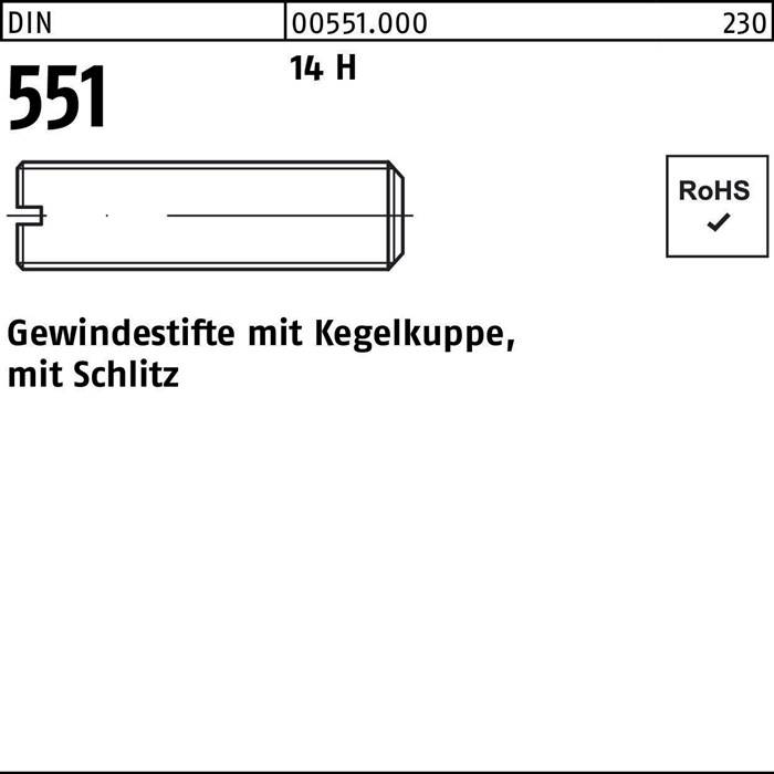 Gewindestift DIN 551 Kegelkuppe/Schlitz M1,6x2 14 H 100 Stück