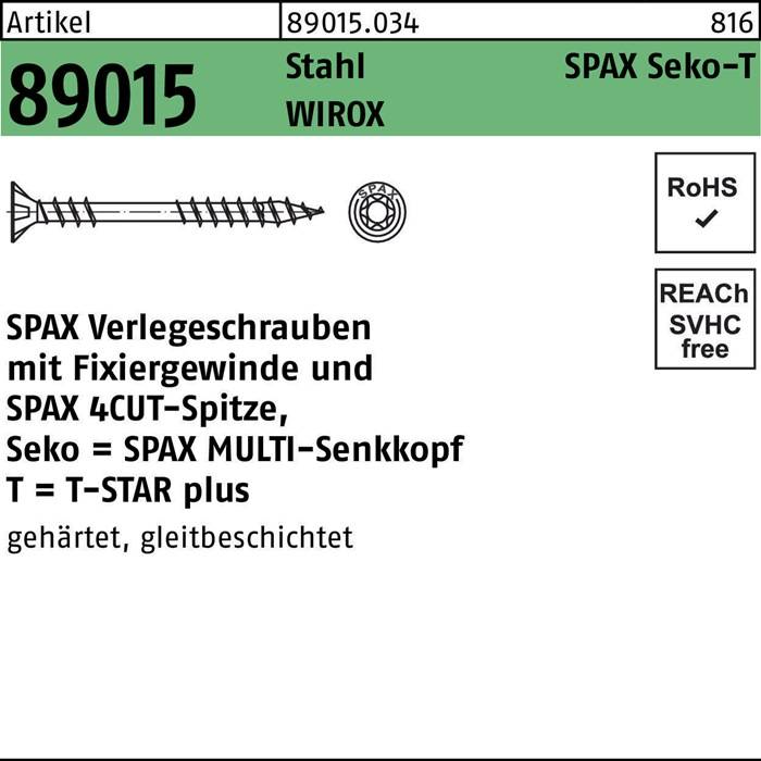 Verlegeschraube R 89015 Seko Fixierg./Spitze/T-STAR 4,5x50-T20 WIROx500St. SPAX