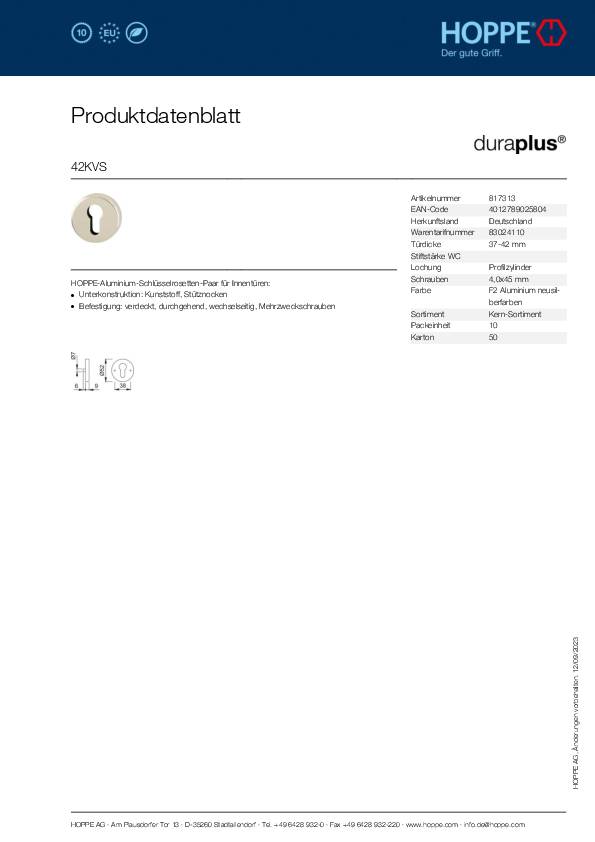 Schlüsselrosetten-Paar 42KVS Alu.F2 Schildst.9mm PZ rd.HOPPE