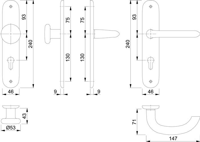 Langschildgarnitur Mar.53/273P/1138 Alu.F1 PZ 72mm DIN L/R HOPPE