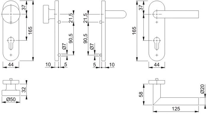 Kurzschildgarnitur Ams.E58/353KH/1400 VA F69 PZ rd Wechselgrt.HOPPE