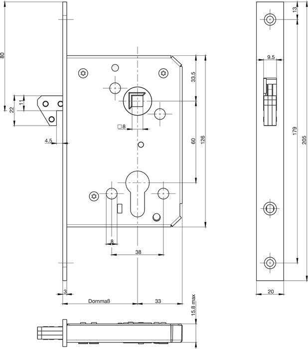 Schiebetür-Einsteckschl.0375 PZ 20/55/60/8mm silber ktg.Stulpl.205mm BKS