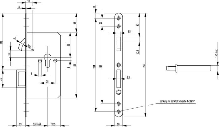 Zirkelriegelschloss Zirkelr./Springg.PZ silber rd 20x250mm BKS