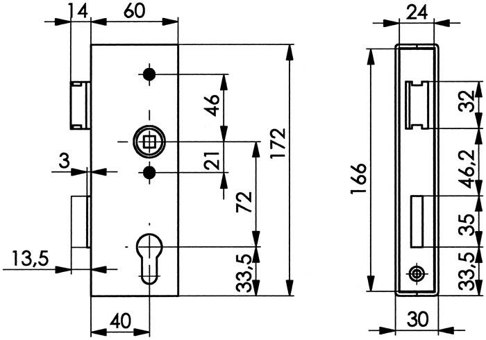 Schlosskasten 141UNIG-30PZ DIN L/R Maß A30xB60xC166mm Dornm.40mm AMF