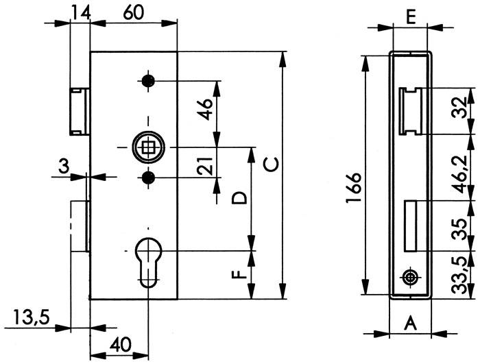 Schlosskasten 141U,blk DIN L/R Maß A40xB60xC173mm Dornm.40mm AMF