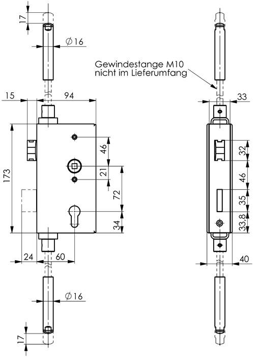 Schlosskasten 140UMV DIN L/R Maß A40xB94xC173mm Dornm.60mm AMF