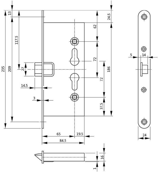 FS-Einsteckschloss 1125 PZW 24/65/72/9mm DIN L/R verz.rd BKS