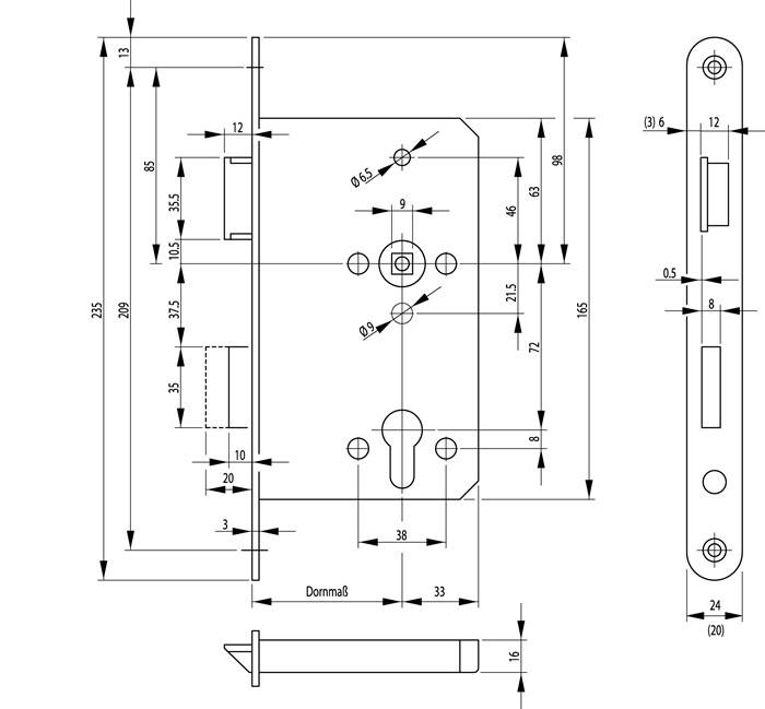 Panik-Einsteckschloss 1201 Fkt.D rd 24/65/72/9mm DIN L VA BKS