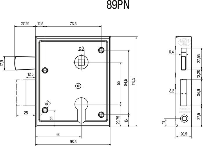 Universal-Kastenschloss DIN L/R PZ hebende F 60mm BEVER