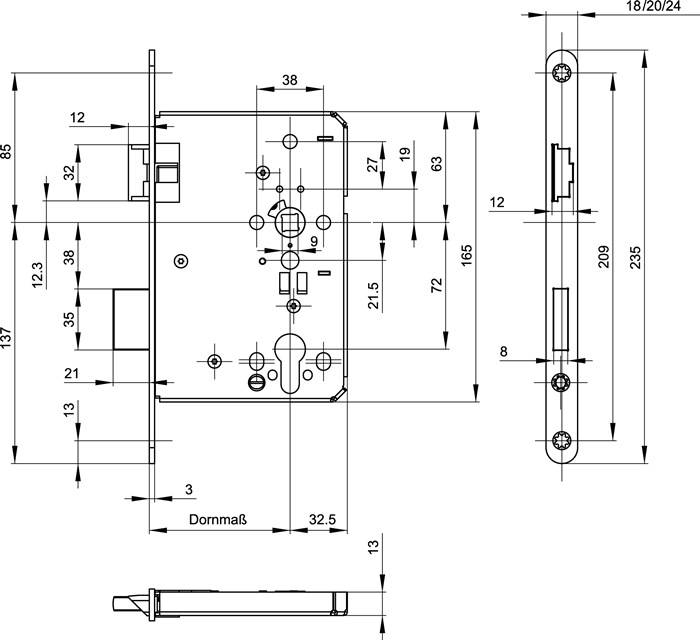 Feuerschutztürschloss B-1206 24/65/72/9mm DIN L 24mm rd VA BKS