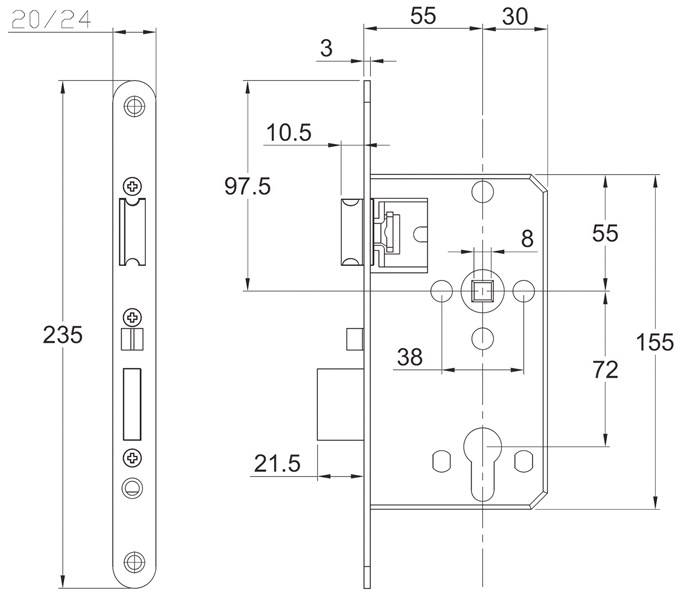 WAT-Einsteckschloss PZW 20/55/72/8mm DIN L/R VA rd 008/1499/55 SCHNEGEL