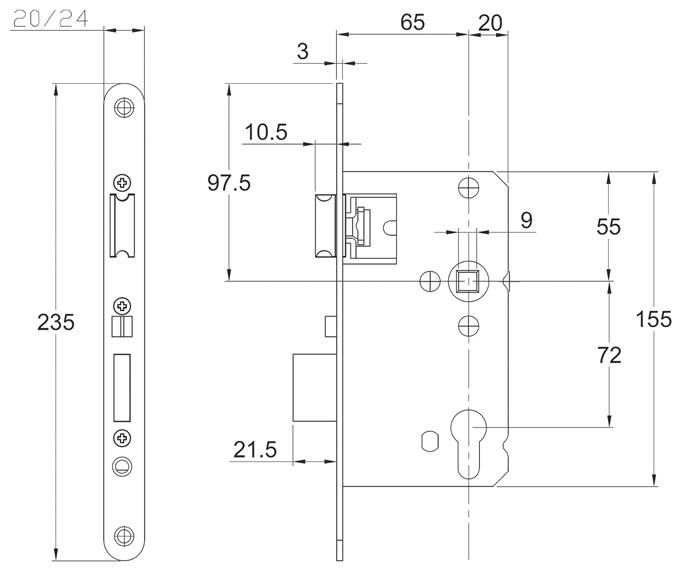 WAT-Einsteckschloss PZW 24/65/72/9mm DIN L/R VA rd 008/1499/65 SCHNEGEL