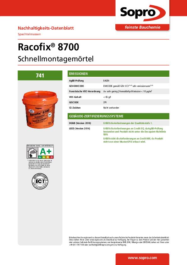 Montagemörtel Racofix® 8700 1:3 Raumteile (Wasser/Mörtel) 5kg Eimer SOPRO