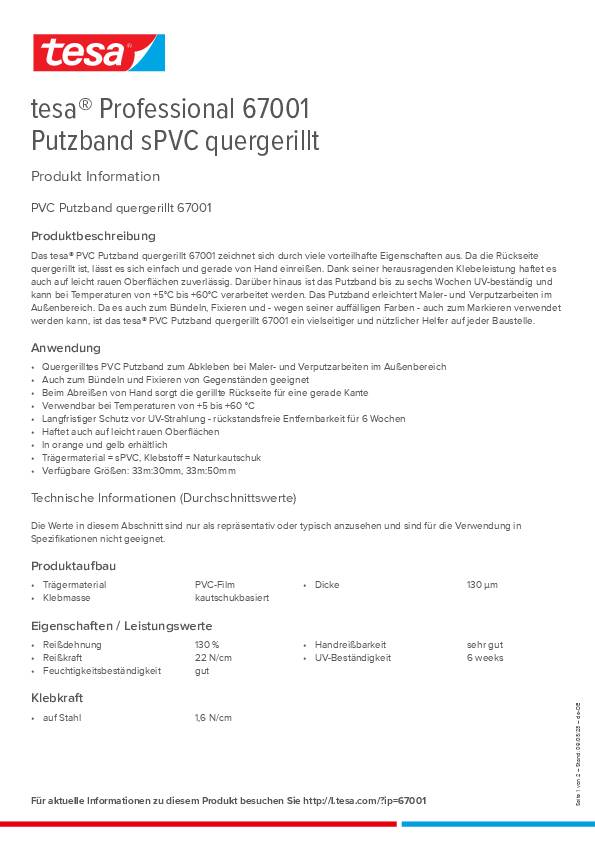PVC Putzband 67001 quergerillt gelb L.33m B.50mm TESA 6 Stück