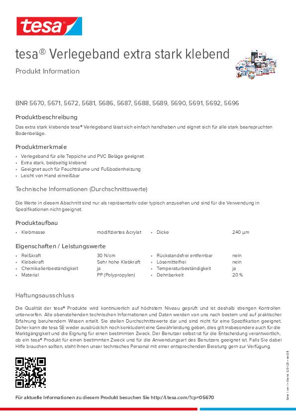 Verlegeband 5686 L.10m B.50mm Rl.TESA 6 Stück
