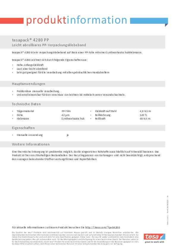 Verpackungsklebeband PP tesapack® 4280 farblos L.66m B.50mm Rl.TESA 6 Stück