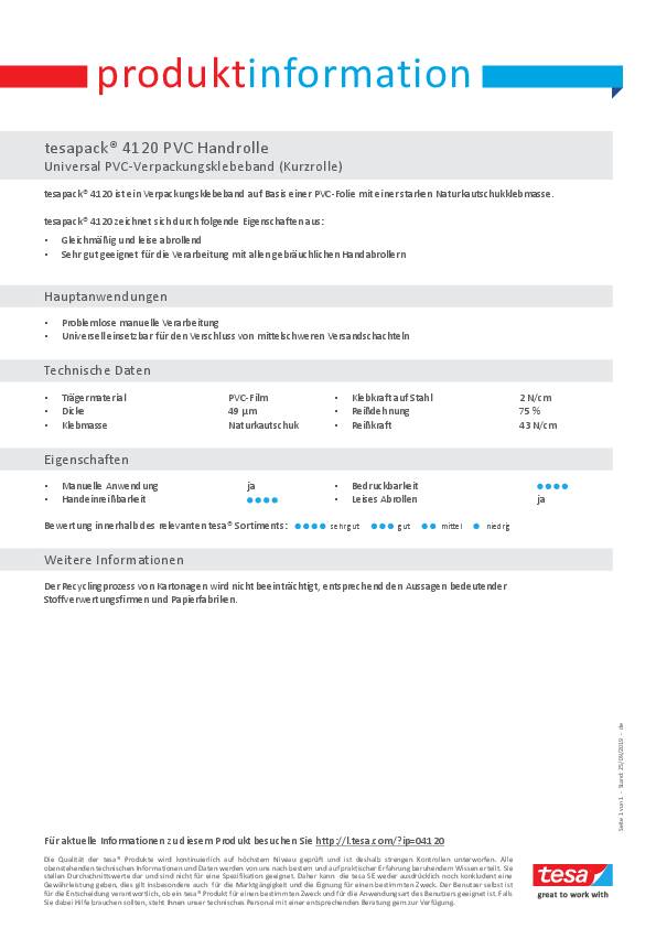 Verpackungsklebeband PVC tesapack® 4120 farblos L.66m B.50mm Rl.TESA 6 Stück