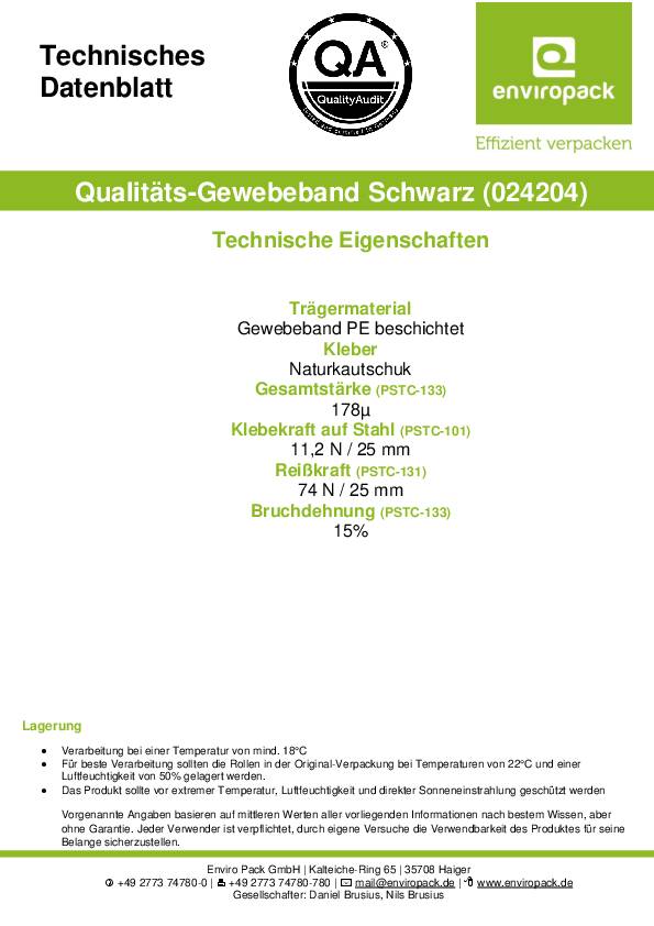 Gewebeband schwarz L.50m B.48mm Rl.ENVIROPACK