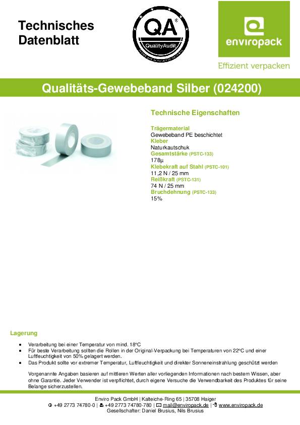 Gewebeband silber L.50m B.48mm Rl.ENVIROPACK