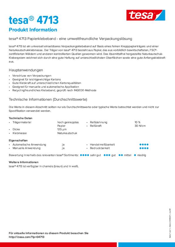 Verpackungsklebeband Papier tesapack® 4713 weiß L.50m B.75mm TESA 6 Stück