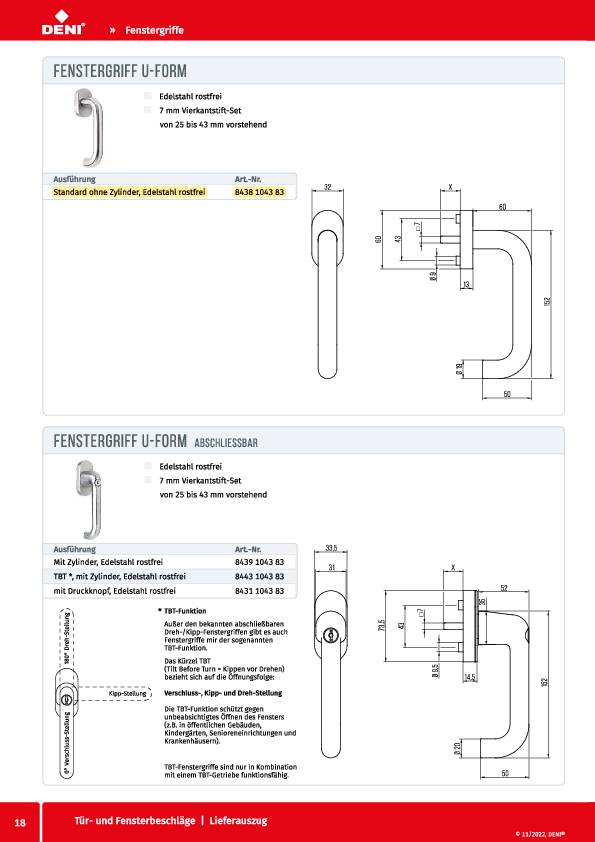 Fenstergriff VA Edelstahl 20-40mm U-Form DENI