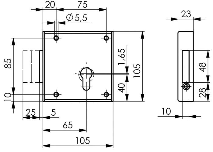 Gittertor-Riegelschloss 100 DIN li.PZ aufliegend 65mm AMF