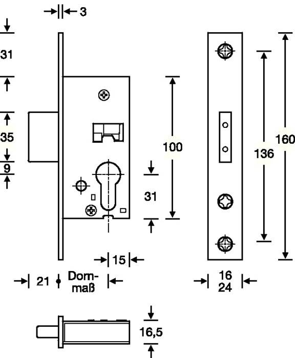 RR-Riegel-Einsteckschloss PZ 24/25mm DIN L/R VA ktg.Stulpl.160mm SSF