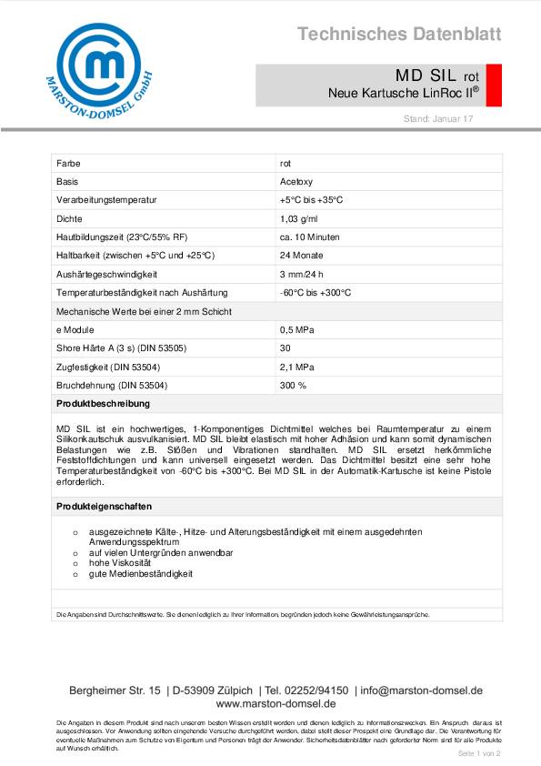 Silikondichtmasse MD SIL rot 200ml Automatik-Kartusche MARSTON