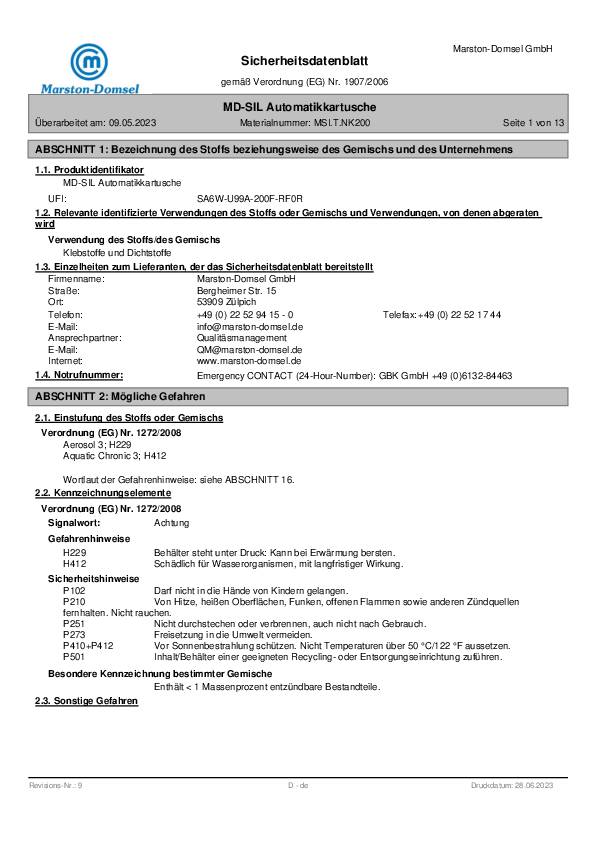 Silikondichtmasse MD SIL schwarz 200ml Automatik-Kartusche MARSTON