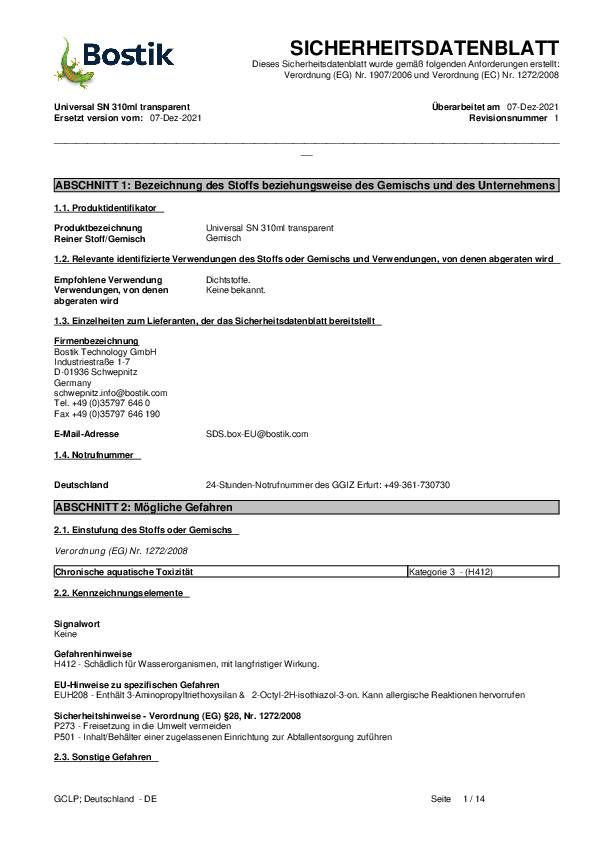 Universal-Silikon SN K transp.310ml Kartusche BOSTIK 20 Kartuschen
