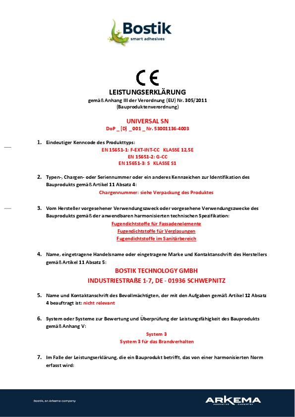 Universal-Silikon SN K transp.310ml Kartusche BOSTIK 20 Kartuschen