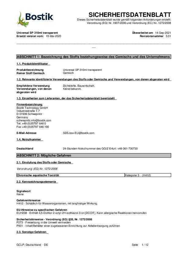 Universal-Silikon SP Acetoxy transp.310ml Kartusche BOSTIK 20 Kartuschen