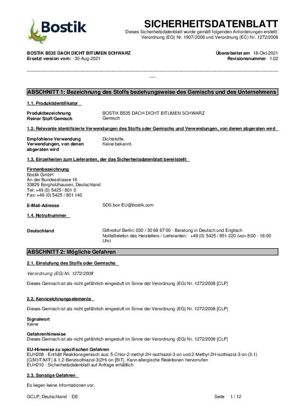 Bitumen-Dachdichtstoff B535 schwarz 300ml Kartusche BOSTIK 12 Kartuschen