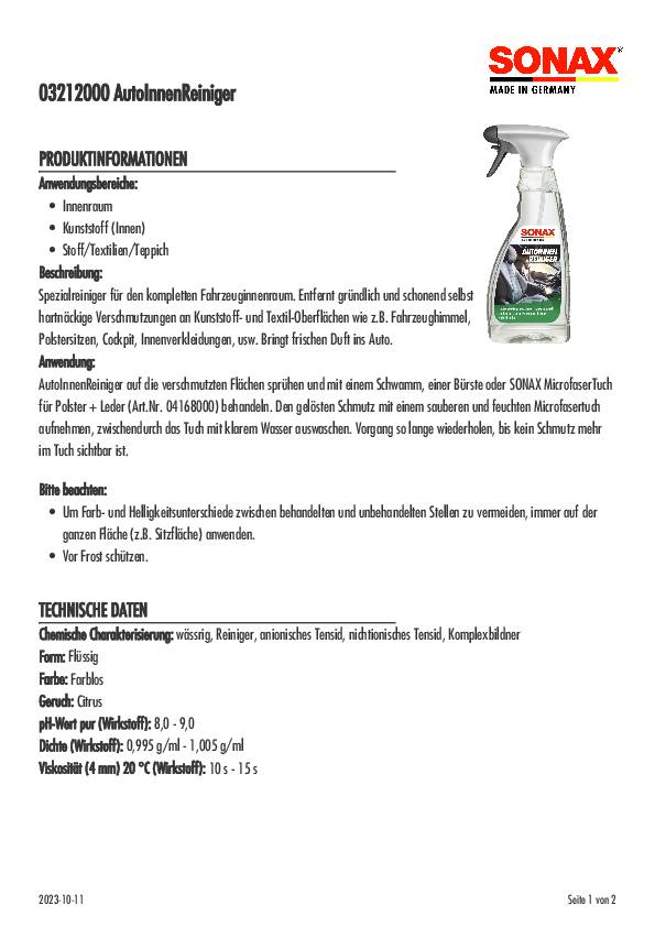 AutoInnenReiniger 500 ml Sprühflasche SONAX 6 Stück