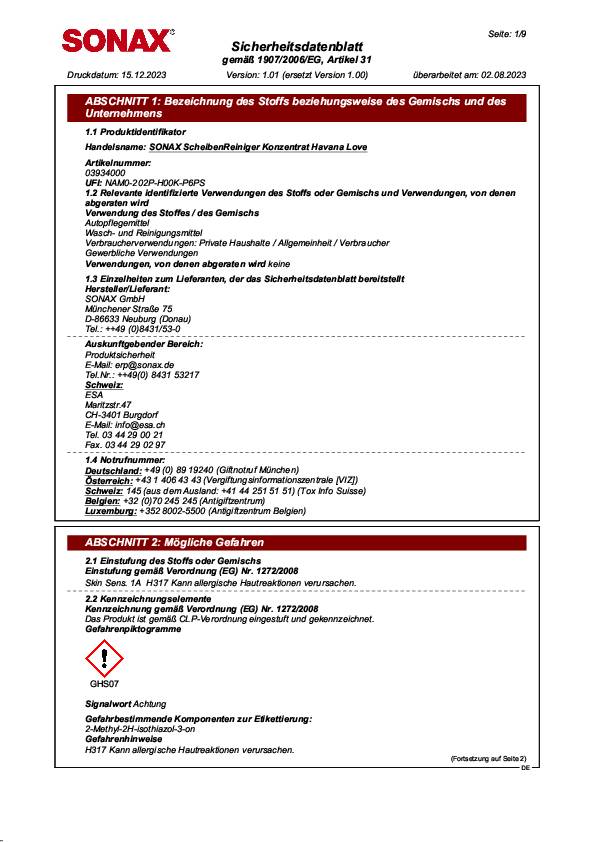 ScheibenReiniger Havana Love Konzentrat 3l Rundflasche SONAX 4 Stück