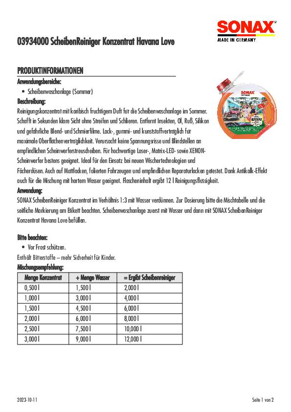 ScheibenReiniger Havana Love Konzentrat 3l Rundflasche SONAX 4 Stück