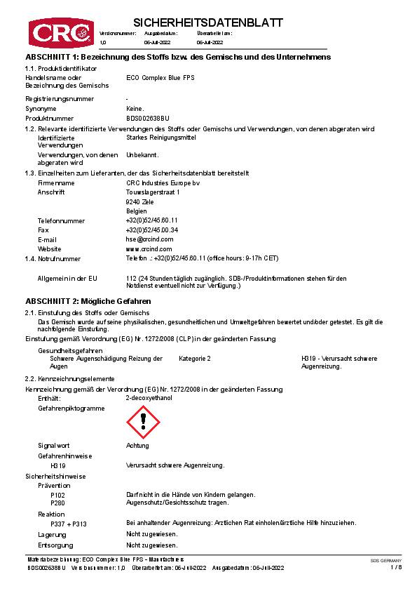 Reinigungskonzentrat ECO COMPLEX BLUE 750 ml NSF A1 Sprühflasche CRC