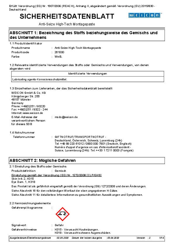 Montagepaste Anti-Seize High-Tech 500g weiß NSF H1 Dose WEICON