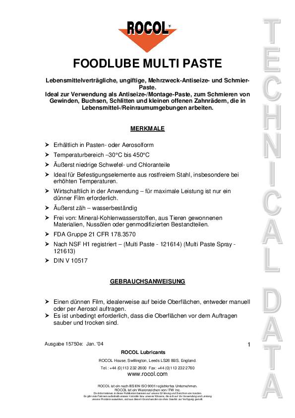 Anti-Seize-Schmierpaste FOODLUBE® MultiPaste 500g weiß Dose ROCOL 6 Dosen