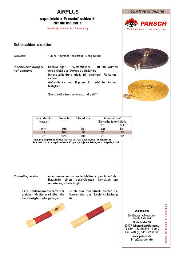 Pressluftschlauch Airplus ID 19mm AD 22,4mm L.20m schwarz Nitril PARSCH