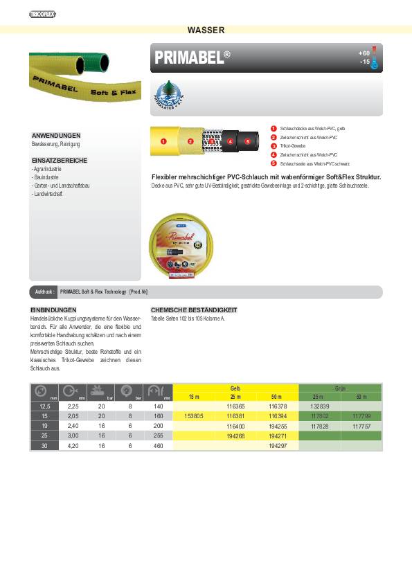 Wasserschlauch Primabel L.50m ID 19mm AD 23,8mm TRICOFLEX