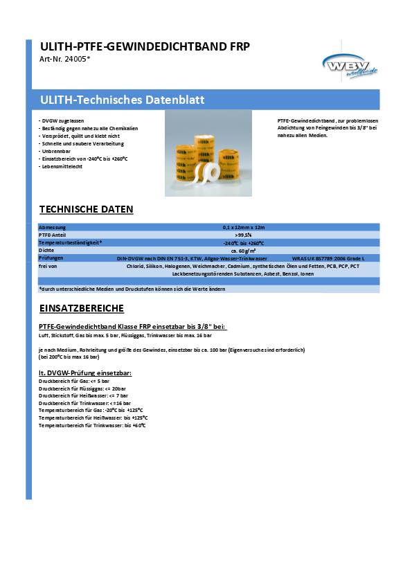 PTFE Dichtband FRp L12m B12mm D0,1mm weiß 60g/m² Rl.ULITH